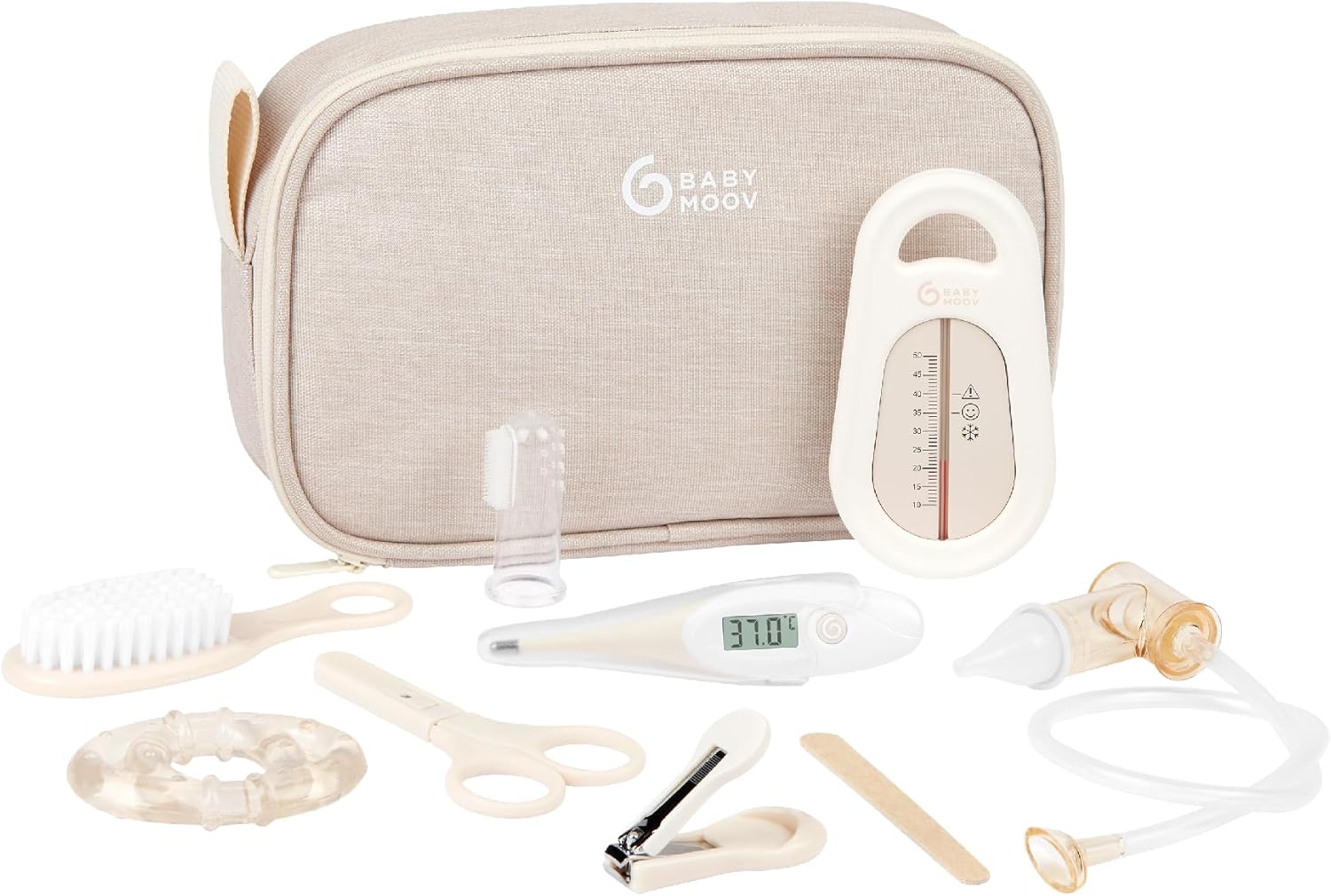 Babymoov Trousse de Soin Bébé - Compacte & Nomade - Dès la naissance - 9 Accessoires Essentiels Soin de Bébé dont Brosse à Cheveux, Thermomètre digital, Thermomètre de bain, Petit Coupe Ongles, Sable